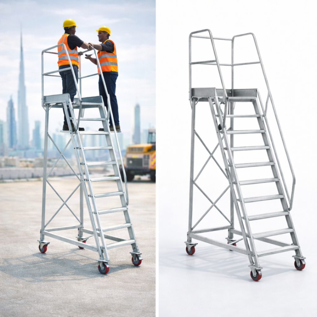 aluminium rolling staircase in UAE with wheels for safe and mobile elevated access
