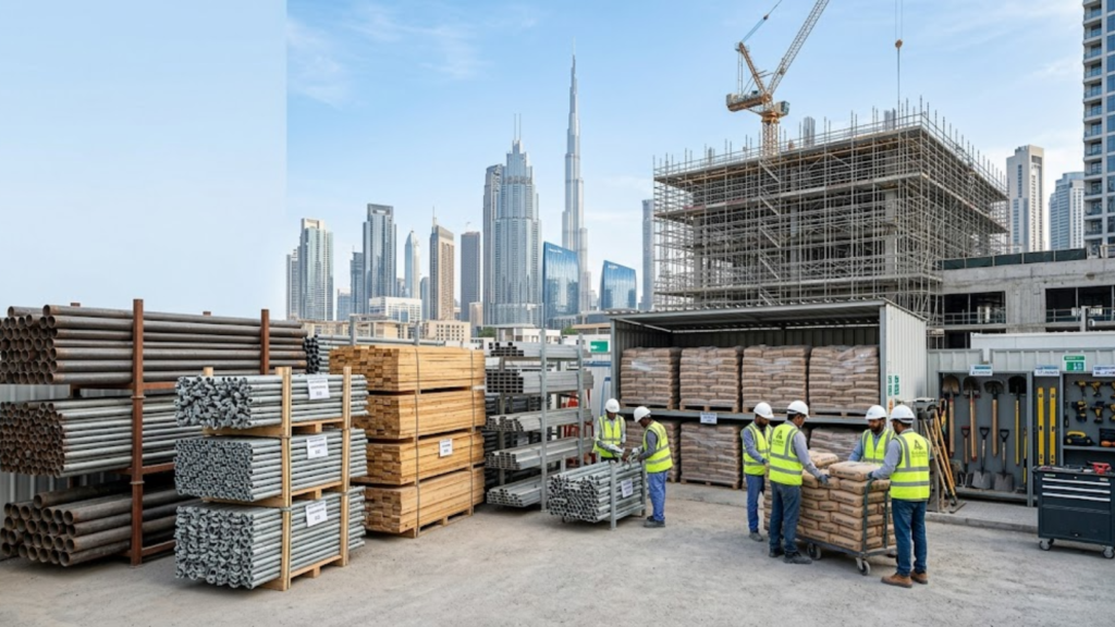 building materials in UAE including scaffolding steel cement and construction supplies
