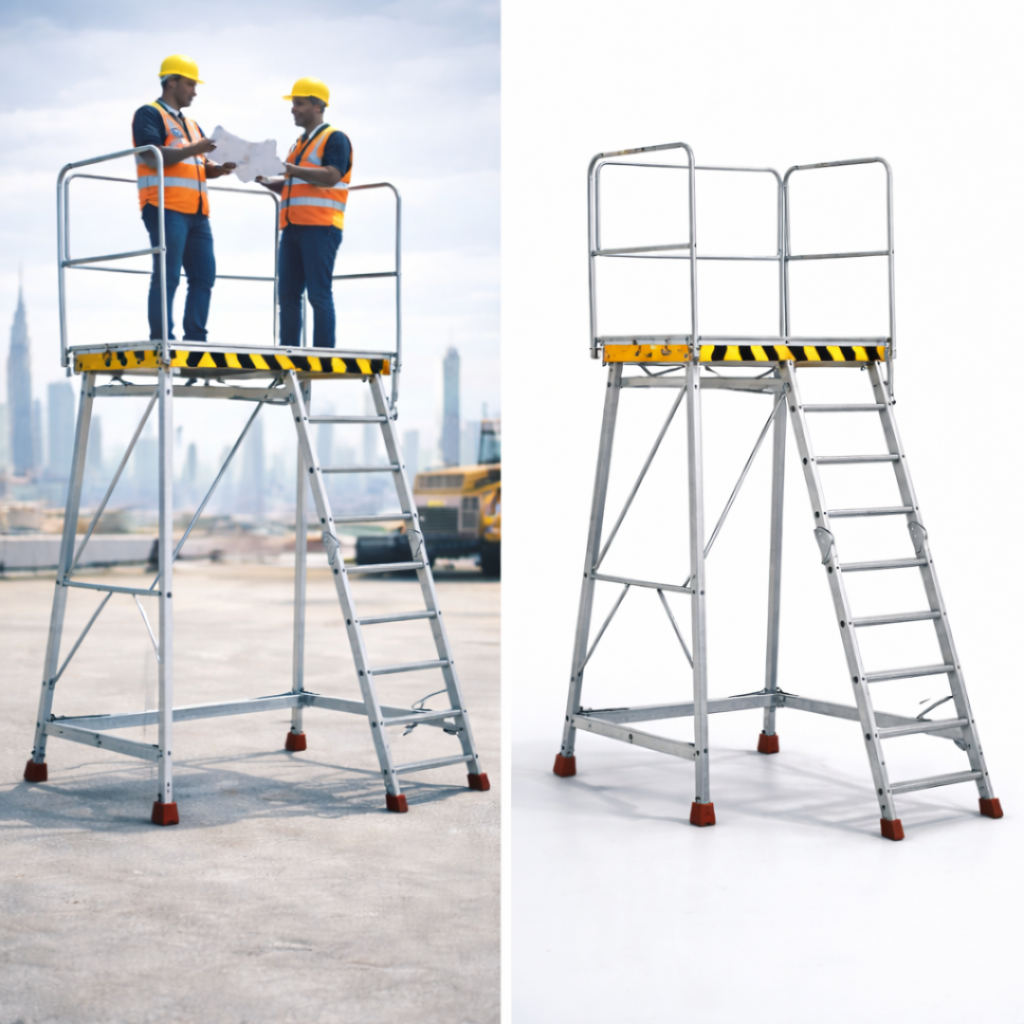 heavy duty platform aluminium ladder in UAE with strong structure and stable working platform