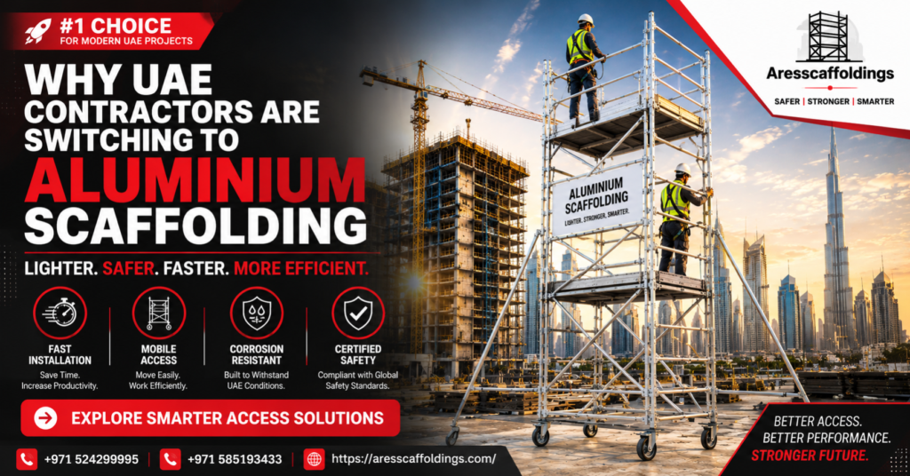 Lightweight aluminium scaffolding system at UAE construction site